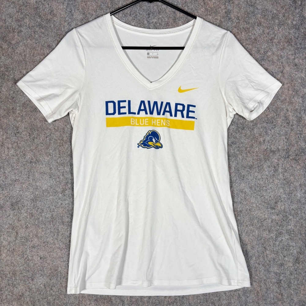 Nike T-Shirt Womens Small White Delaware Blue Hens Dri-FIT V-Neck Athletic Tee